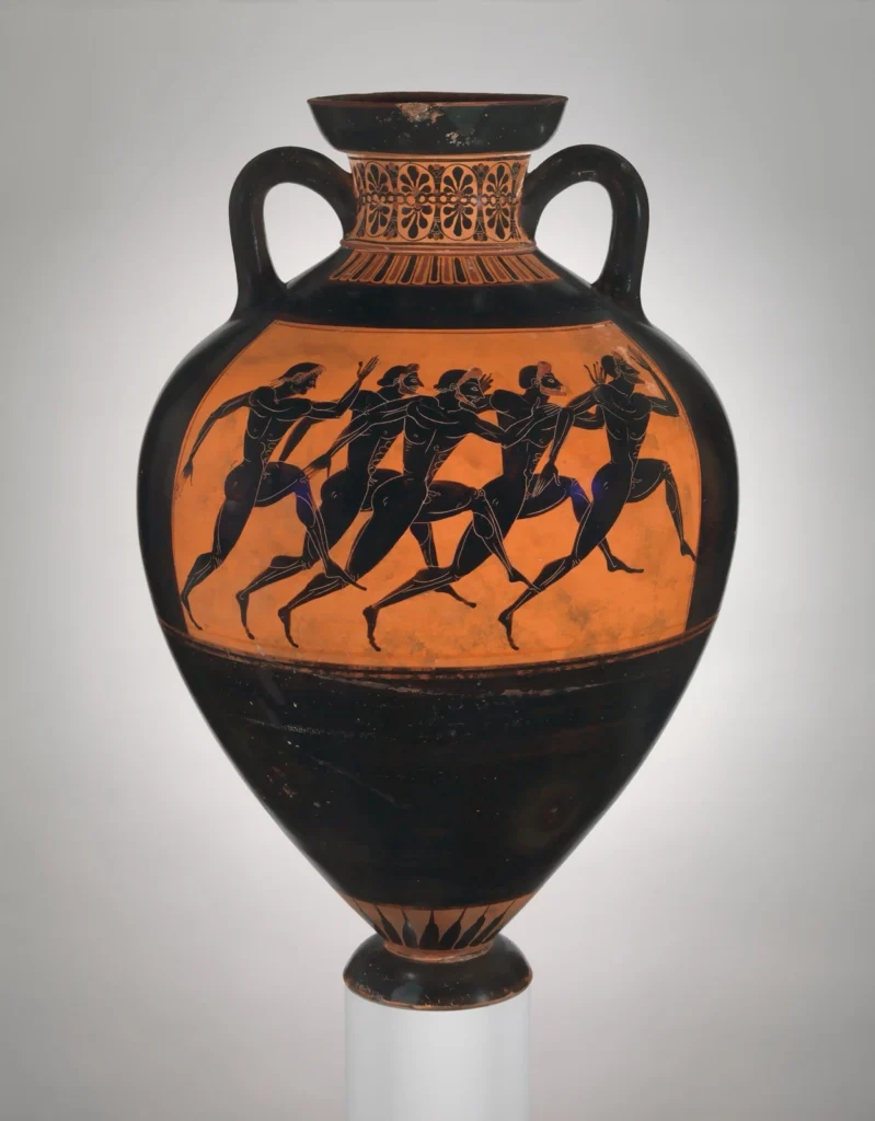 Attic black-figure prize amphora with armed Athena on one side and runners competing in a footrace on the other.