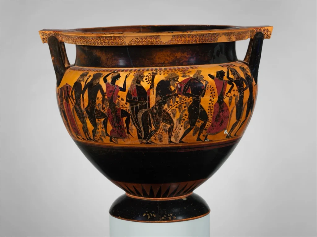 Attic black-figure krater showing Dionysos with satyrs and maenads in the procession returning Hephaistos to Olympus.
