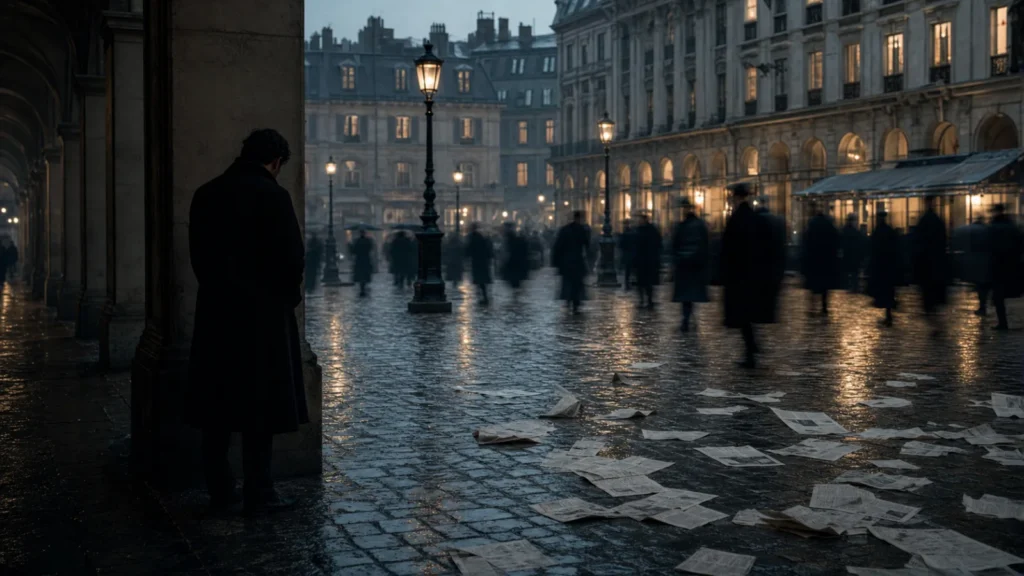 A solitary figure under an arcade in a rainy nineteenth-century square while a blurred crowd passes in the distance.