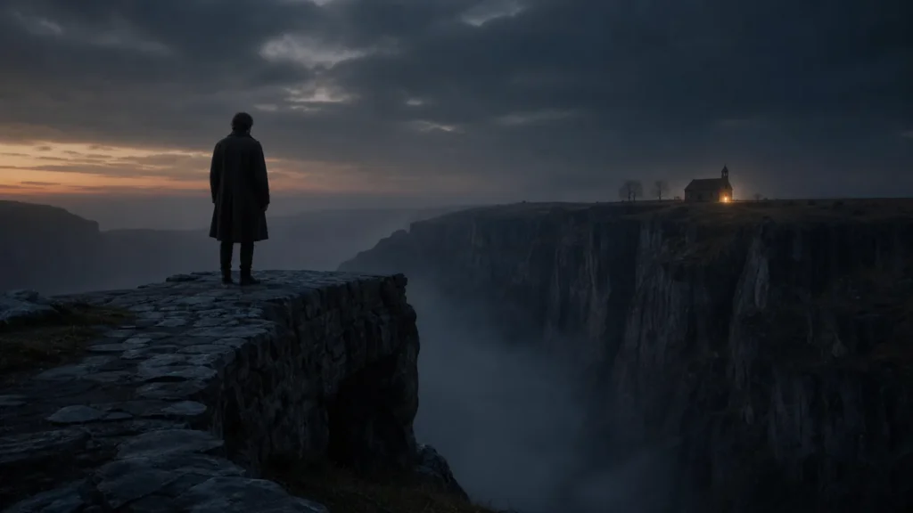 A lone figure standing on a narrow stone ledge above a misty chasm, facing a small warm light across the gap.