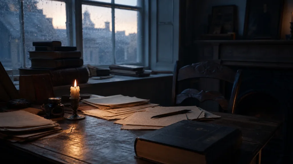 An empty nineteenth-century writing room with candlelight, old books, rain on the window, and scattered papers.