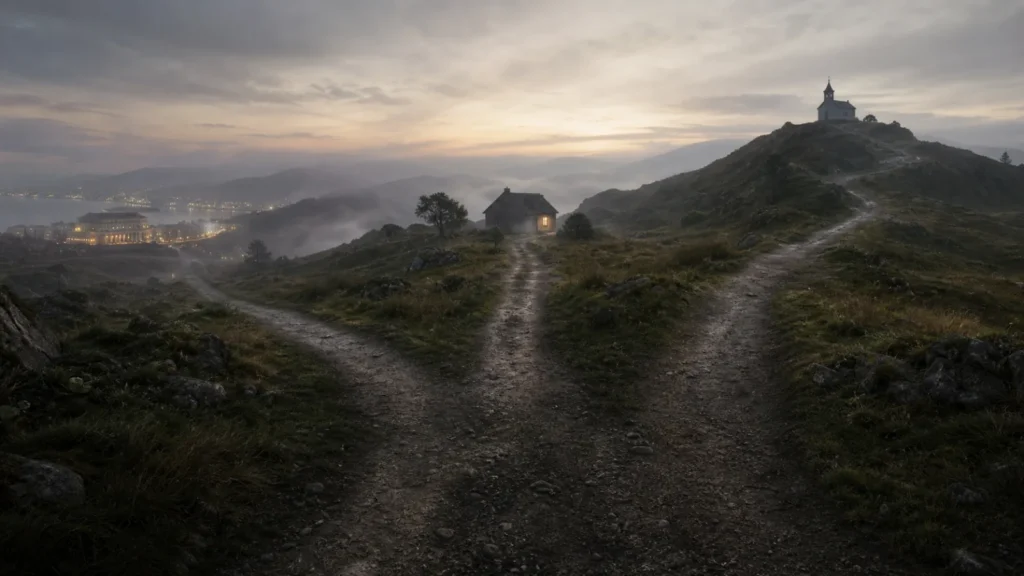 Three misty paths branching across a Nordic landscape toward city lights, a house, and a distant chapel.