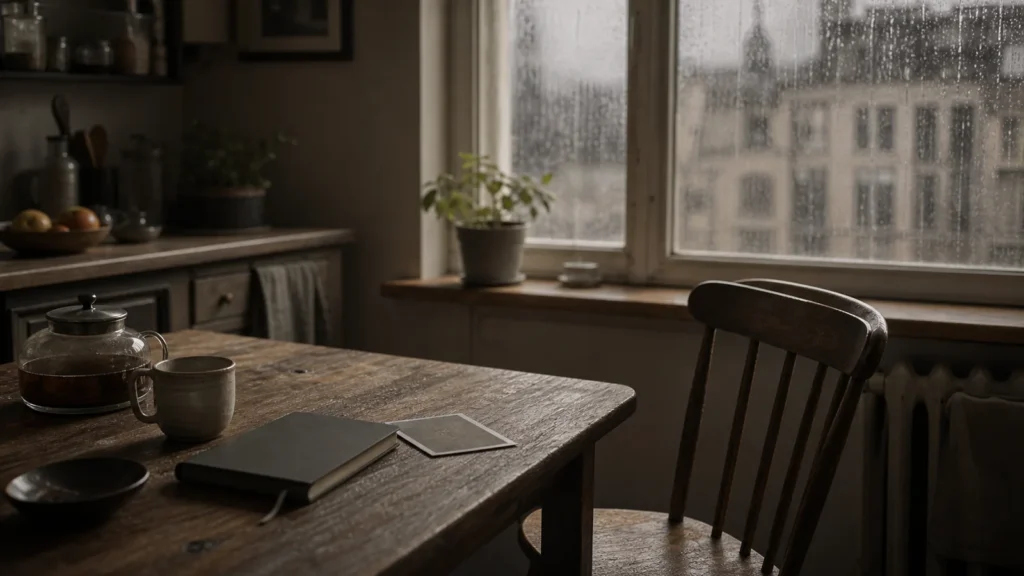An empty kitchen table with a closed notebook, tea cup, and rain on the window.