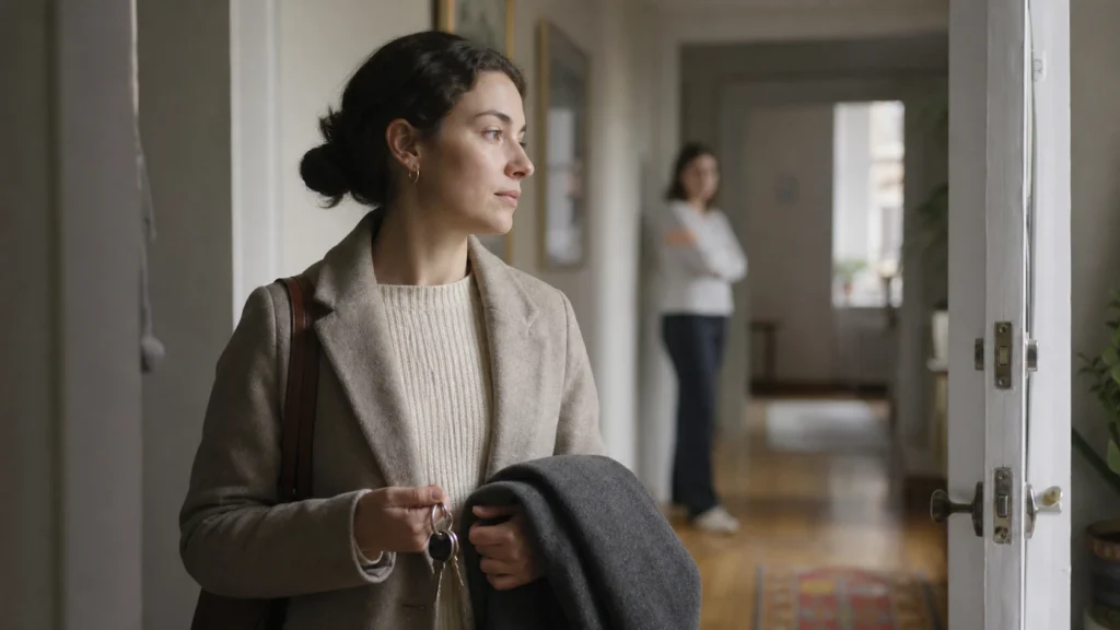 Adult holding a coat and keys near an apartment doorway while another adult remains in the background.