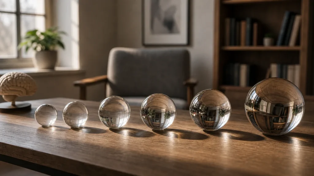 Glass spheres arranged across a wooden therapy-room table, moving from clear to more distorted reflections.