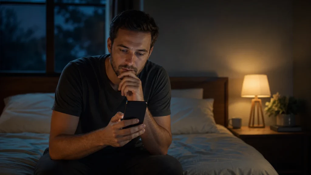Adult pausing while looking at an unreadable smartphone in a softly lit bedroom.