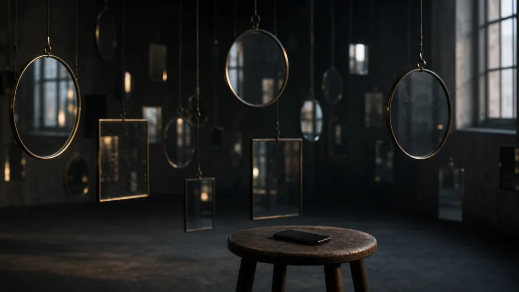 A dark studio with many hanging mirrors and a phone lying face down on a small table.