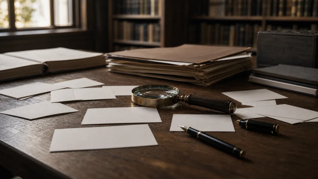 Blank index cards, a magnifying glass, folders, and a pen on an old library table.