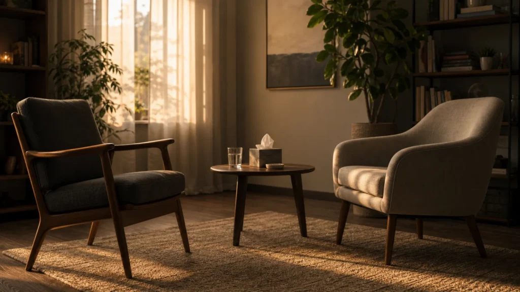 Two empty chairs in a warm therapy room with tissues and water on a small table.