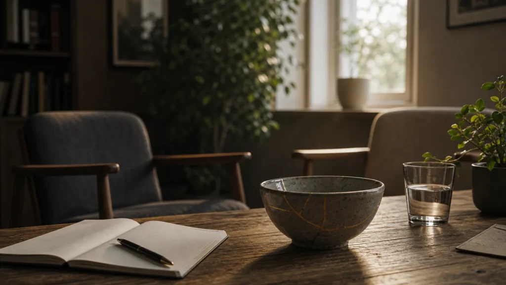 A repaired ceramic bowl, blank notebook, water glass, and empty chairs in warm afternoon light.