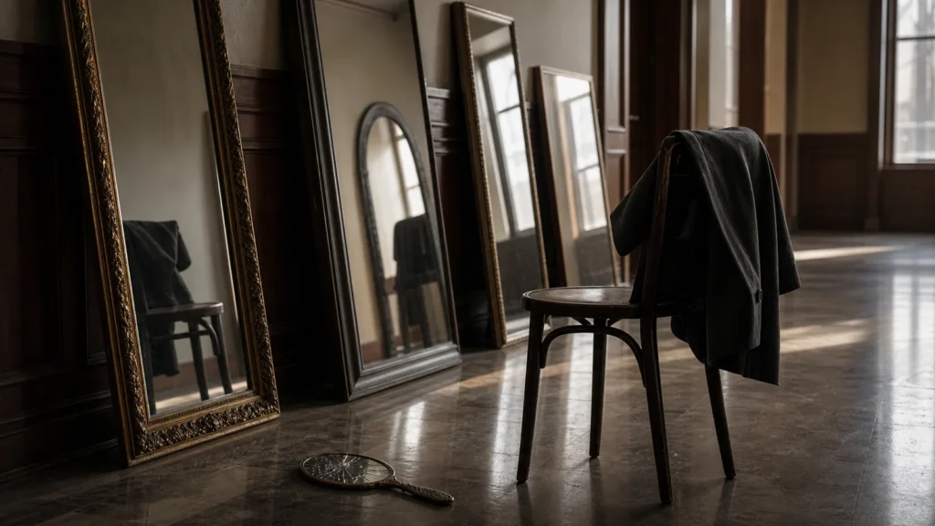 An empty chair with a coat facing several mirrors leaning in a quiet hallway.