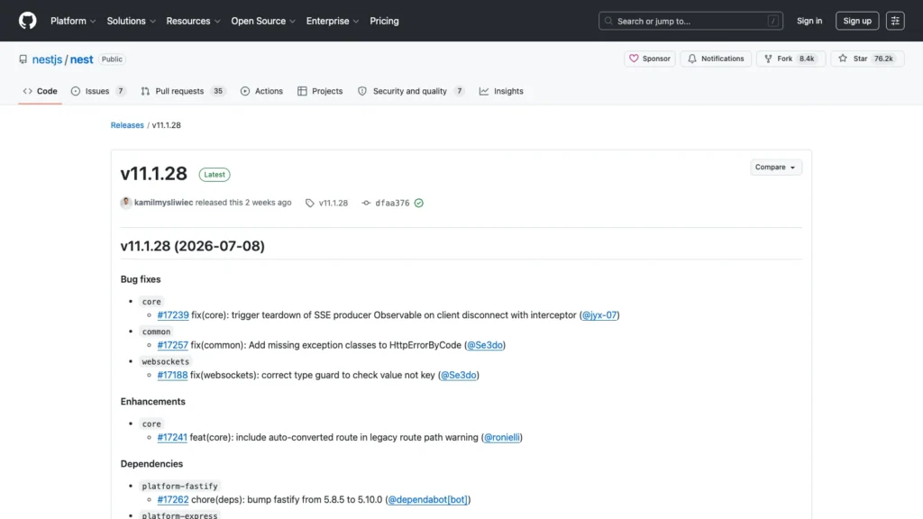 The official GitHub release page for NestJS version 11.1.28, dated July 8, 2026.