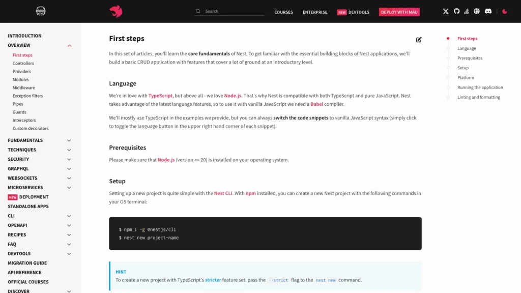 The official NestJS first steps page showing TypeScript support, the Node.js 20 requirement, and Nest CLI setup commands.