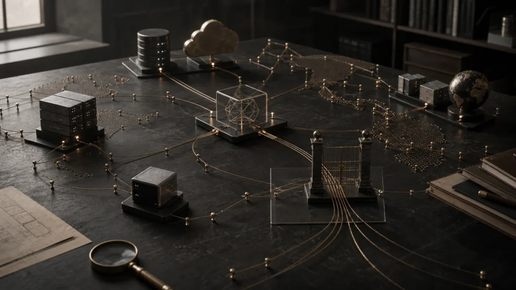 An operations table with unlabelled nodes and cable paths branching from a central application model to different hosting points.