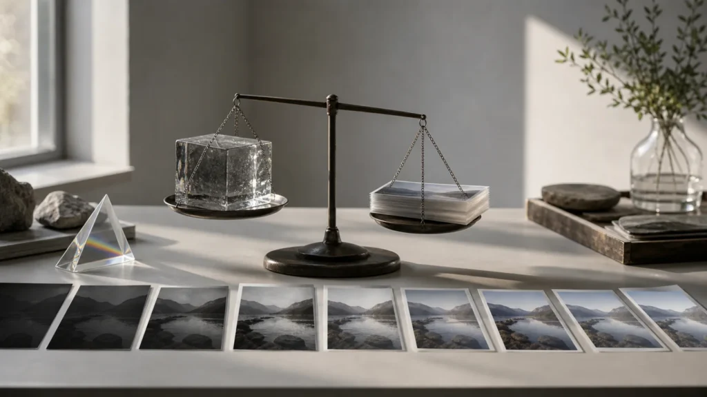A balanced scale with a heavy glass block on one side and thin optimized image sheets on the other in daylight.