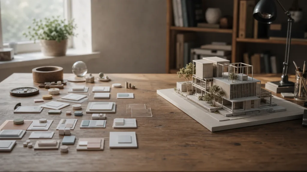 Loose component-like cards on a workshop table gradually forming into a structured architectural model.