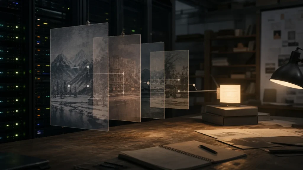 Translucent panels suspended between a server room and an architect desk, leading toward a small illuminated page object.