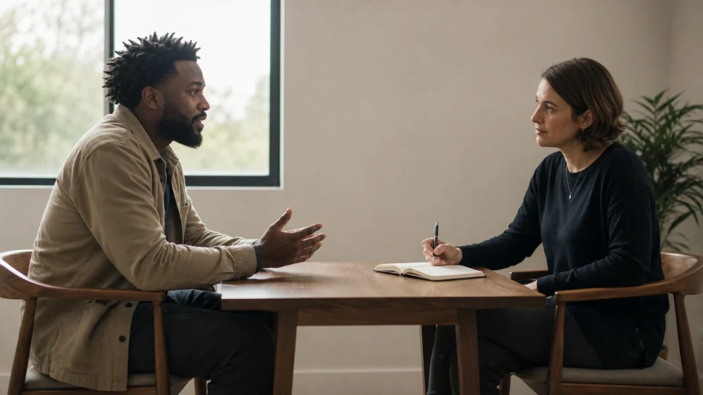 Two adults seated across a small table in a quiet room during a calm conversation.