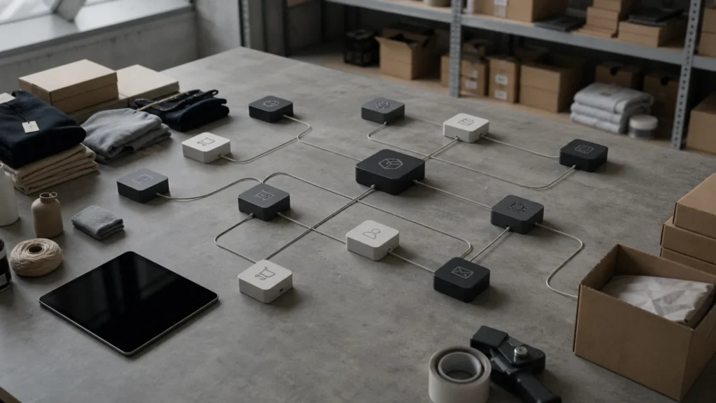 A clean warehouse workbench with small connected blocks, product samples, packaging materials, and a blank tablet.