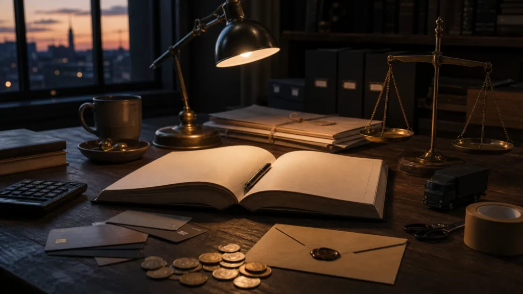 A desk with a blank ledger, coins, envelopes, a scale, parcel tape, and unmarked cards under a warm lamp.