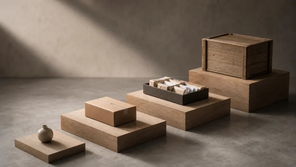 Four unmarked wooden platforms with ecommerce objects increasing in operational scale.