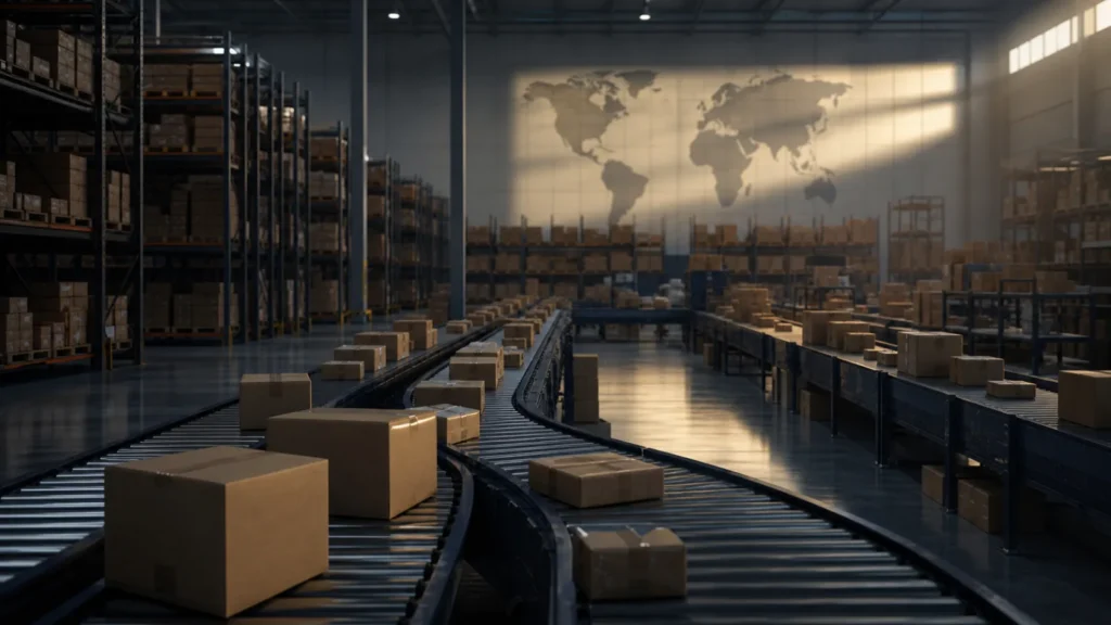 A quiet fulfillment warehouse with shelves, conveyors, unmarked parcels, and morning light suggesting global ecommerce scale.