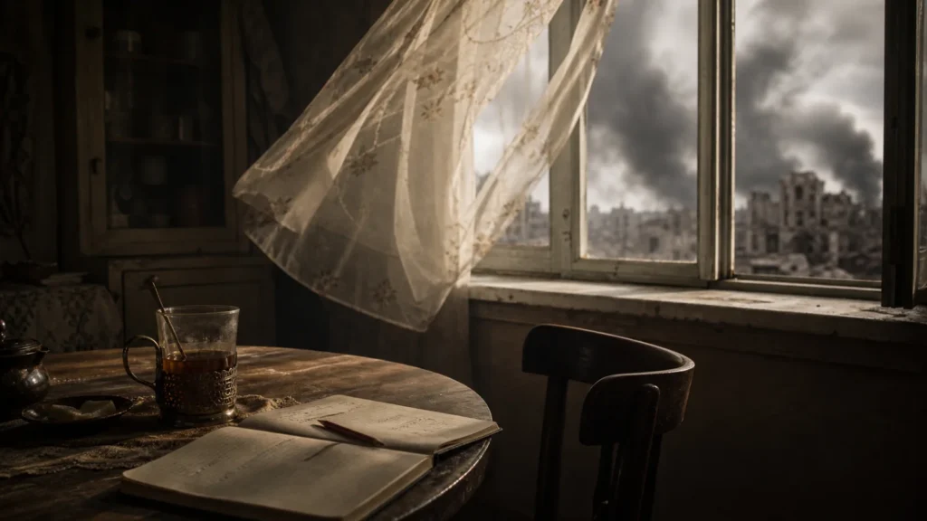 A 1940s apartment table with tea and a notebook beside a window darkened by smoke over a ruined city.