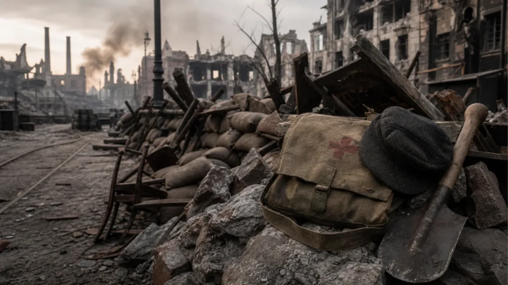 A medical satchel, shovel, and worker cap resting on rubble beside an improvised barricade in a ruined street.