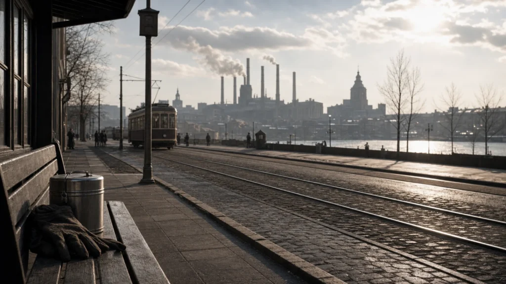 A quiet prewar Soviet industrial street with tram rails, a bench, work gloves, and factory silhouettes near a river.