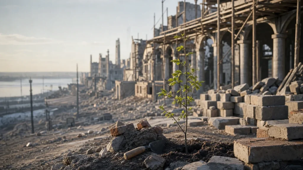 A young sapling planted among broken bricks near scaffolding and ruined stone buildings beside a river.