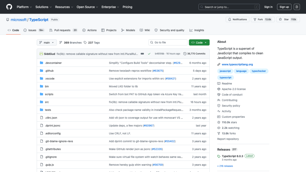Microsoft TypeScript repository on GitHub showing the source tree, project description, Apache 2.0 license, and latest displayed release.