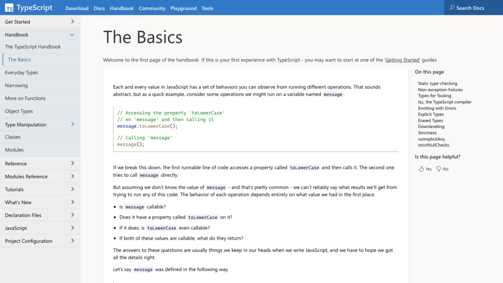 Official TypeScript Handbook The Basics page explaining how static type checking catches invalid operations on an unknown value.