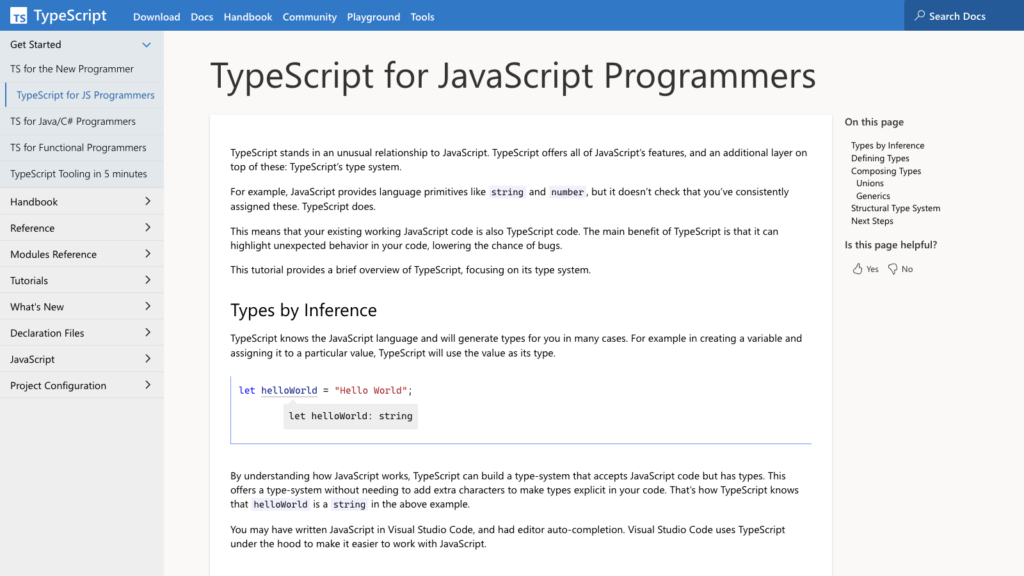 Official TypeScript documentation explaining inference and the relationship between JavaScript and TypeScript types.