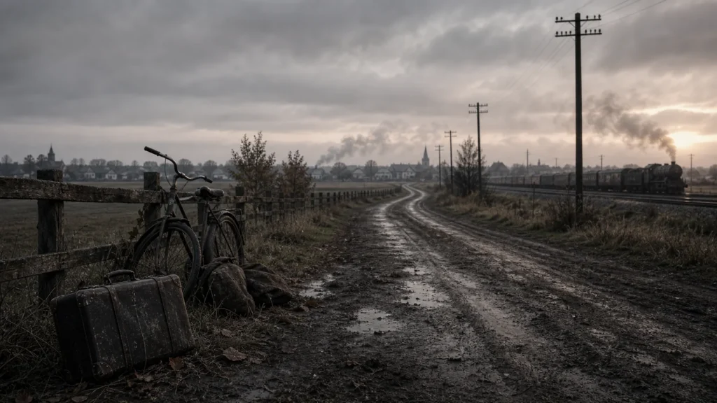 A muddy 1939 rural Polish road near a railway line with an abandoned suitcase and bicycle under a gray sky.