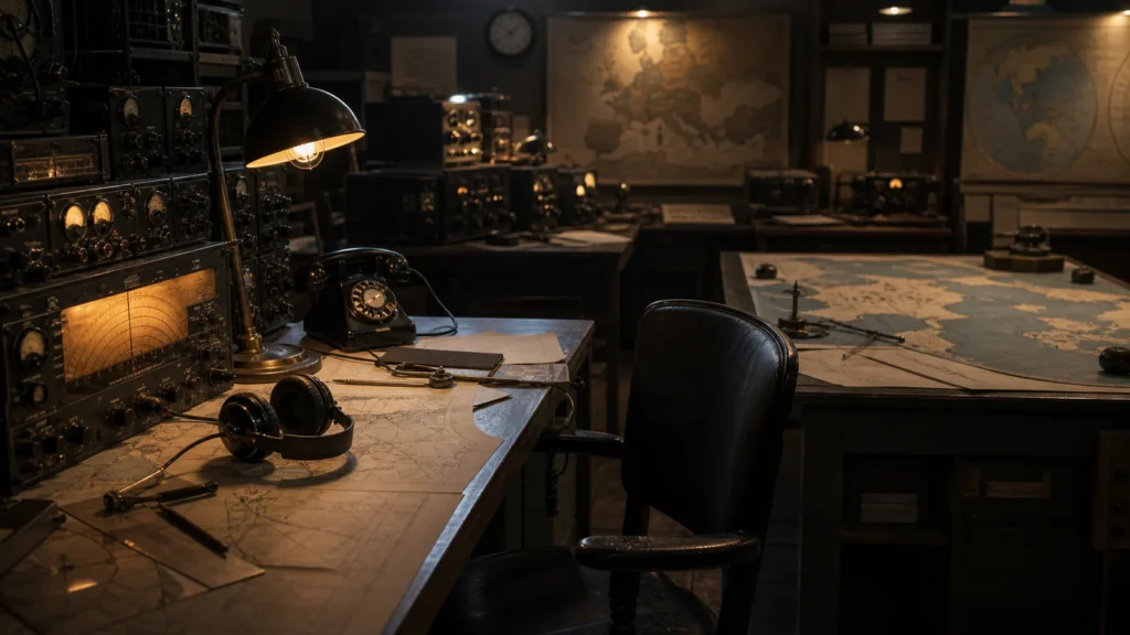 A 1941 communications room with period radio equipment, headphones, telephones, and unlabelled charts under dim lamplight.
