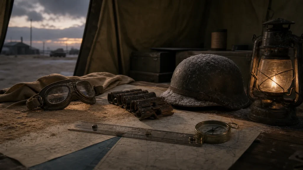 A wartime field table with a compass, desert goggles, tank track link, naval plotting ruler, oil lamp, and snow-dusted helmet.