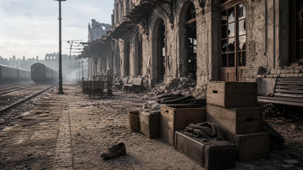 A ruined 1945 European railway platform with unmarked crates, suitcases, blankets, and damaged stone architecture.