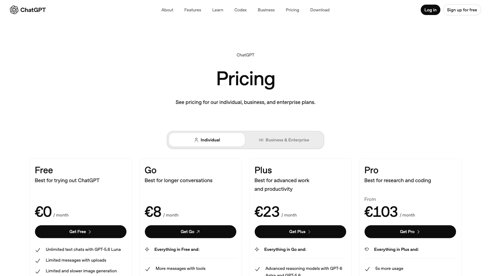 ChatGPT official pricing page showing Free, Go, Plus, and Pro plan cards