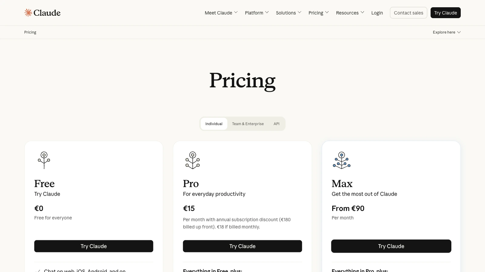 Claude official pricing page showing Free, Pro, and Max plans with Claude Code included