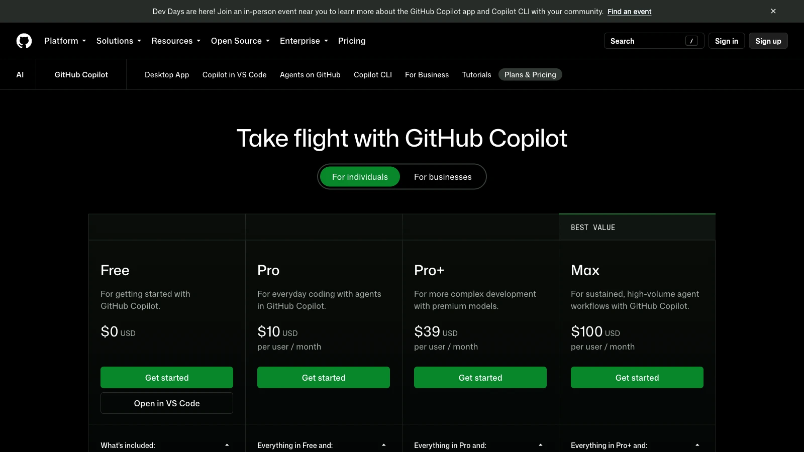 GitHub Copilot official plans page showing Free, Pro, Pro Plus, and Max pricing